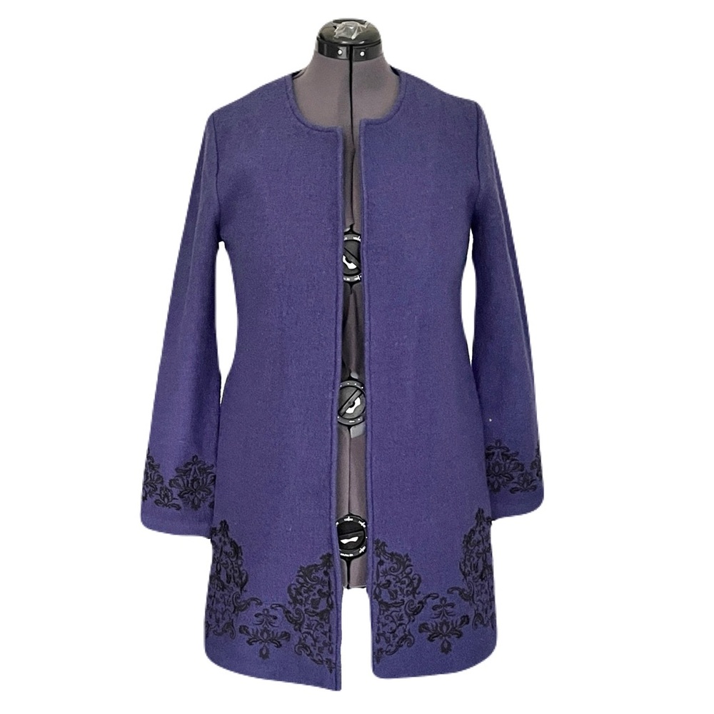 Nanette Lepore Blue Purple Embroidered 100% Boiled Wool Open Duster Coat, Size S
